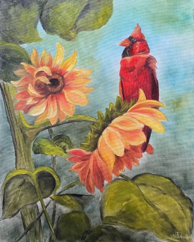 Standing Tall – Sunflowers with a Red Bird