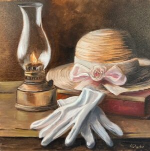 Hat and Gloves in Lamplight 14"x14"